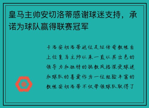 皇马主帅安切洛蒂感谢球迷支持，承诺为球队赢得联赛冠军