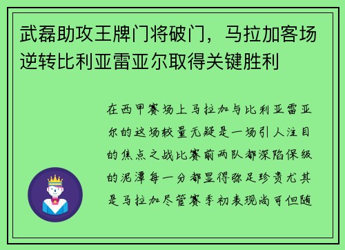 武磊助攻王牌门将破门，马拉加客场逆转比利亚雷亚尔取得关键胜利