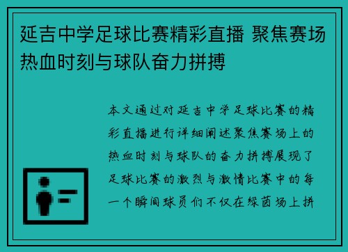 延吉中学足球比赛精彩直播 聚焦赛场热血时刻与球队奋力拼搏